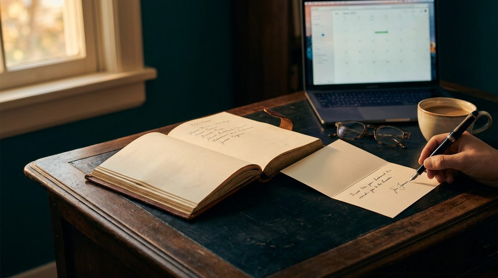 An agent's desk at the end of the day: the client book open, a note signed by hand, the calendar still up on the laptop.